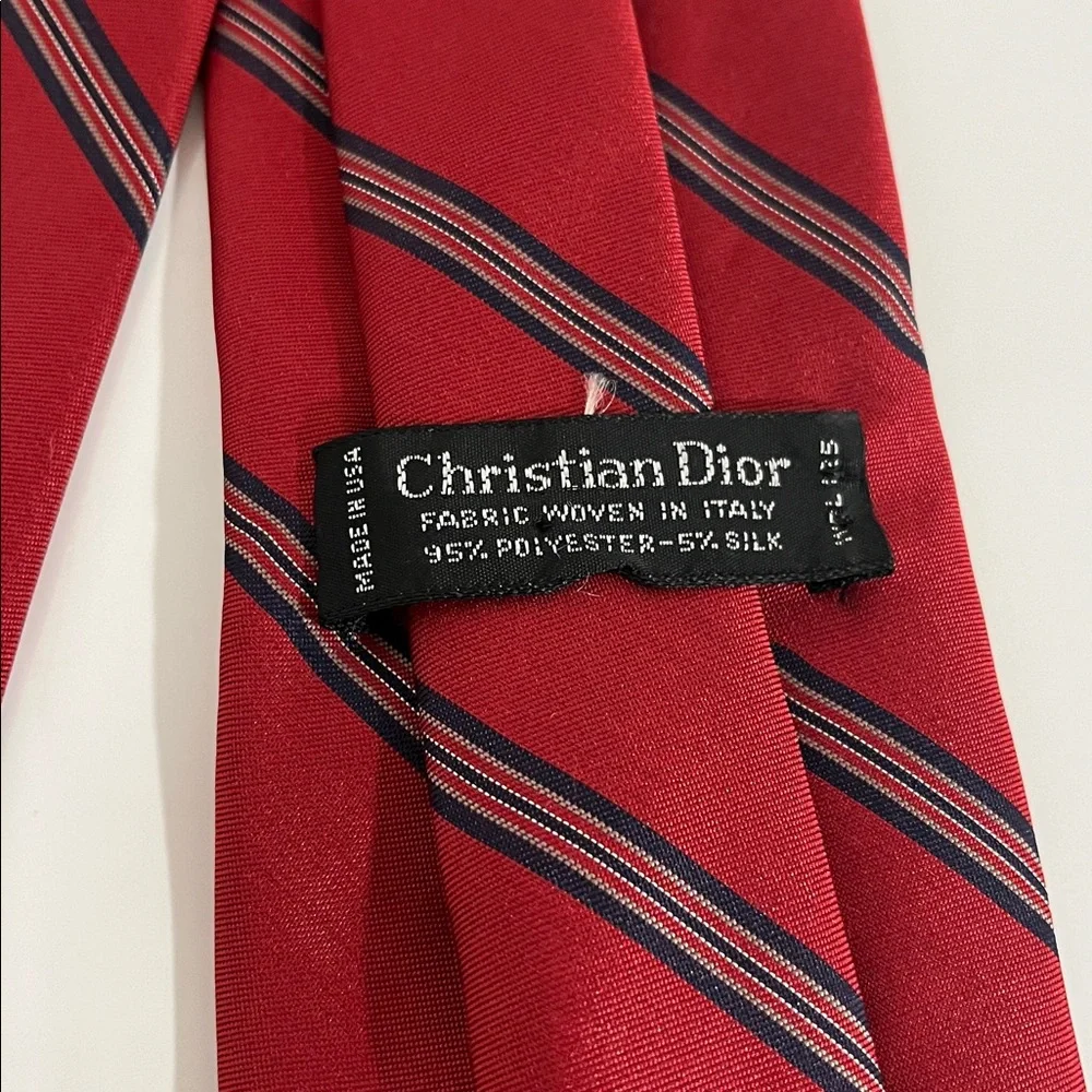 Christian Dior Red w/ Grey & Navy Stripe Tie 58” silk made in the USA